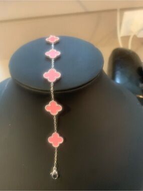 Pink Four-Leaf Clover Link Bracelet - Silver Chain